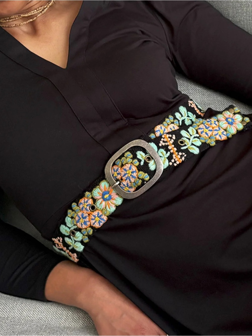 Embroidered Floral Waist Belt - Black with Pastel Flowers NWT Size L